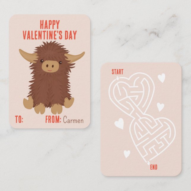 Cute, shaggy Highland cow classroom Valentine Note Card (Front/Back)