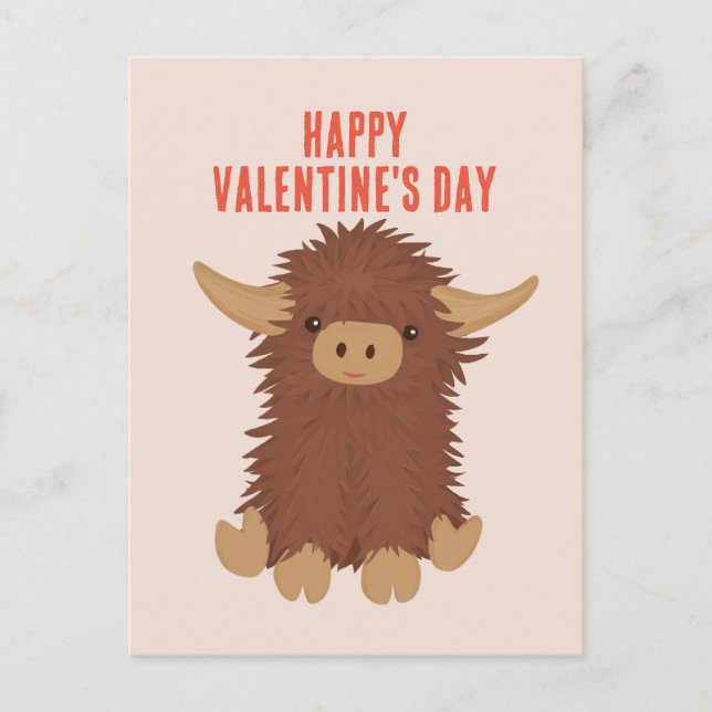 Cute, shaggy Highland cow classroom Valentine Postcard (Front)