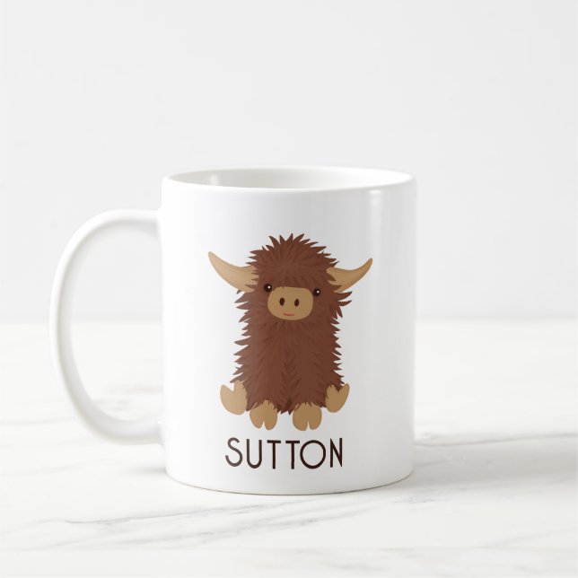 Cute, shaggy Highland cow custom design Coffee Mug (Left)