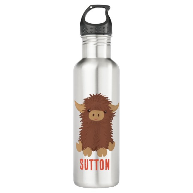 Cute, shaggy Highland cow custom design Stainless Steel Water Bottle (Front)