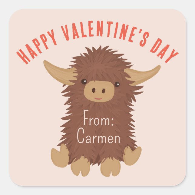 Cute, shaggy Highland cow custom Valentine design Square Sticker (Front)