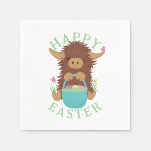 Cute, shaggy Highland cow Easter basket design Napkins