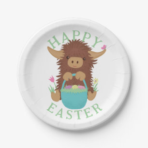 Cute, shaggy Highland cow Easter basket design Paper Plates