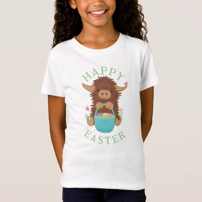 Cute, shaggy Highland cow Easter basket design T-Shirt (Front)
