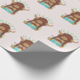 Cute, shaggy Highland cow Easter basket design Wrapping Paper