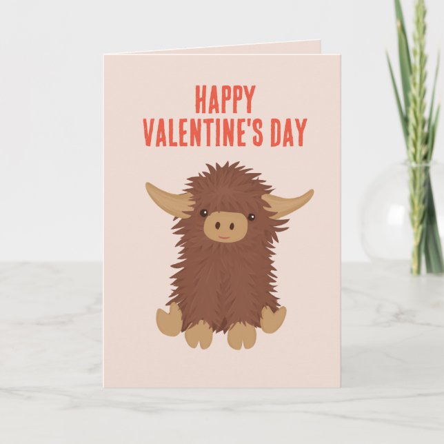 Cute, shaggy Highland cow Valentine design Holiday Card (Front)