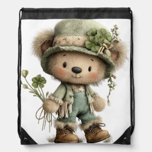 CUTE SHAGGY IRISH THEMED TEDDY BEAR DRAWSTRING BAG