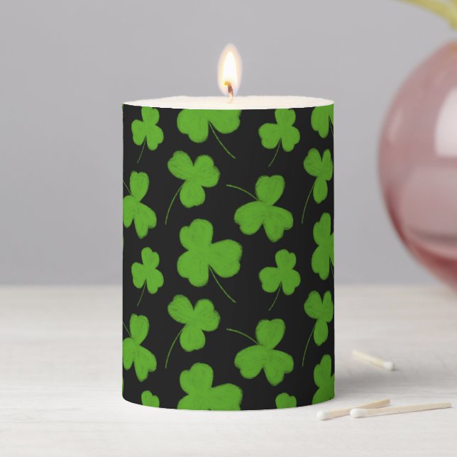 Cute Shamrock Pattern Black Pillar Candle (In Situ)