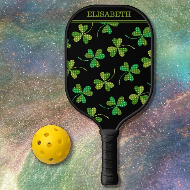  Cute Shamrock Pattern Green and Black Custom Name Pickleball Paddle (Creator Uploaded)