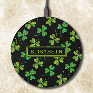 Cute Shamrock Pattern Green and Black Custom Name Wireless Charger