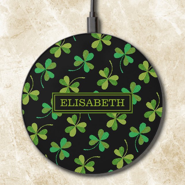  Cute Shamrock Pattern Green and Black Custom Name Wireless Charger (Creator Uploaded)