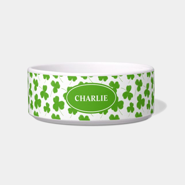 Cute Shamrock Pattern Green White Personalized Bowl (Front)