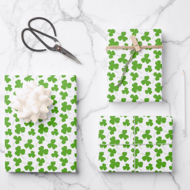 Cute Shamrock Pattern White Wrapping Paper Sheets (Front)