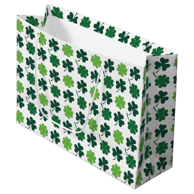 Cute shamrocks and four leaf clovers tiled pattern large gift bag (Front Angled)