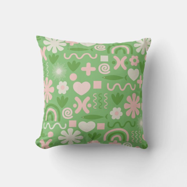 Cute Shapes Lime Green and Pink Pattern Throw Pillow (Front)