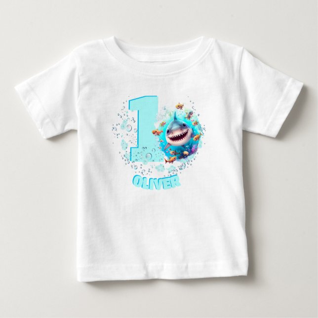 Cute Shark 1st Birthday Personalized Boy Baby T-Shirt (Front)
