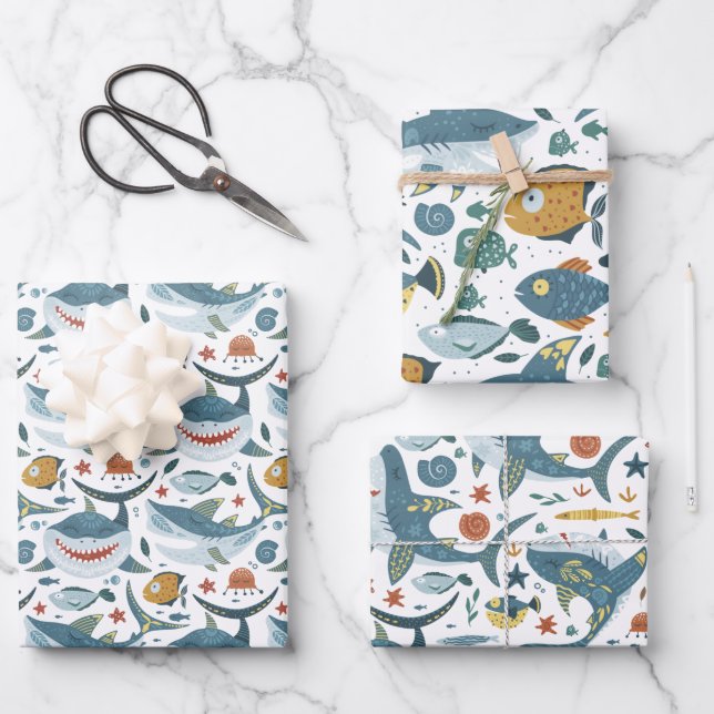 Cute Shark and Fish Pattern Wrapping Paper Sheets (Front)