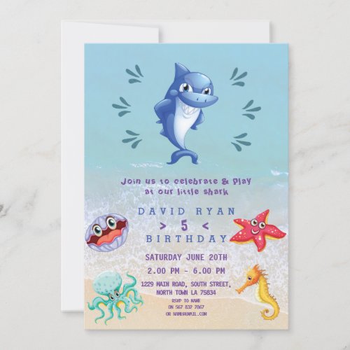 Cute Shark And Friends Boy Pool Birthday Party Invitation