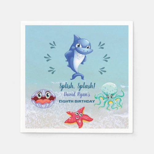 Cute Shark And Friends Boy Pool Birthday Party Napkins