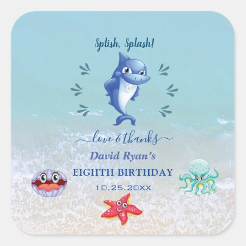 Cute Shark And Friends Boy Pool Birthday Party Square Sticker