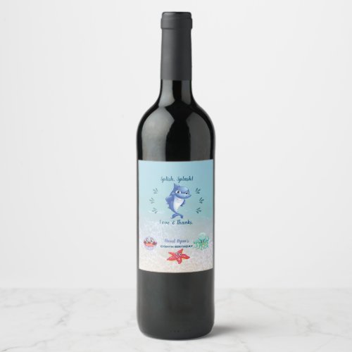 Cute Shark And Friends Boy Pool Birthday Party Wine Label