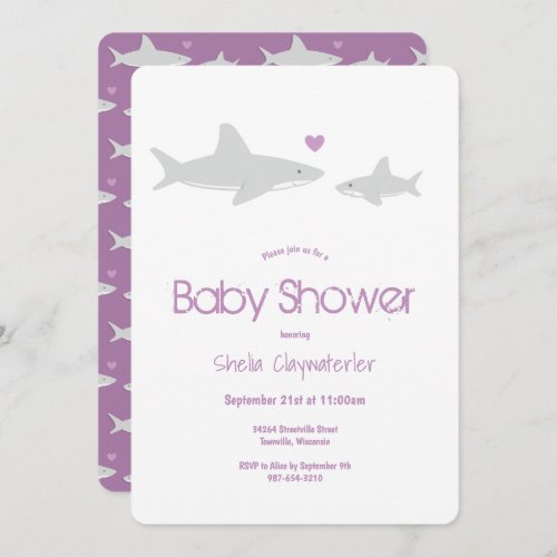 Cute Shark Animal Purple Baby Shower Invitation