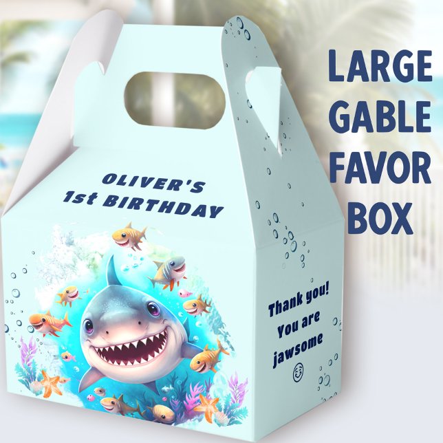 Cute Shark Baby Boy 1st Birthday Large Gable Favor Boxes (Shark Light Blue Large Gable Favor Boxes - You can choose from 3 sizes of these gable favor boxes)