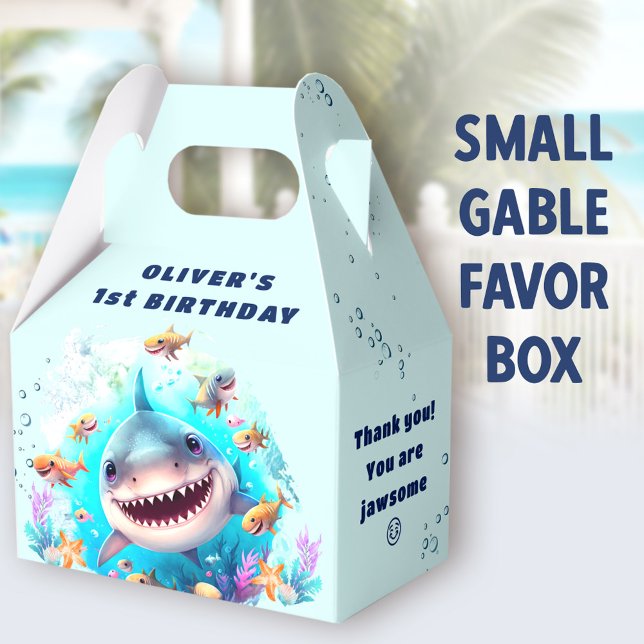 Cute Shark Baby Boy 1st Birthday Party Favor Box (Shark Light Blue Small Gable Favor Boxes - You can choose from 3 sizes of these gable favor boxes)