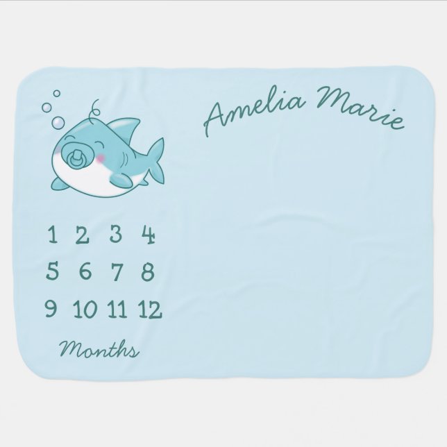 Cute Shark Baby Shower Kawaii Blue Boy Baby Blanket (Horizontal)