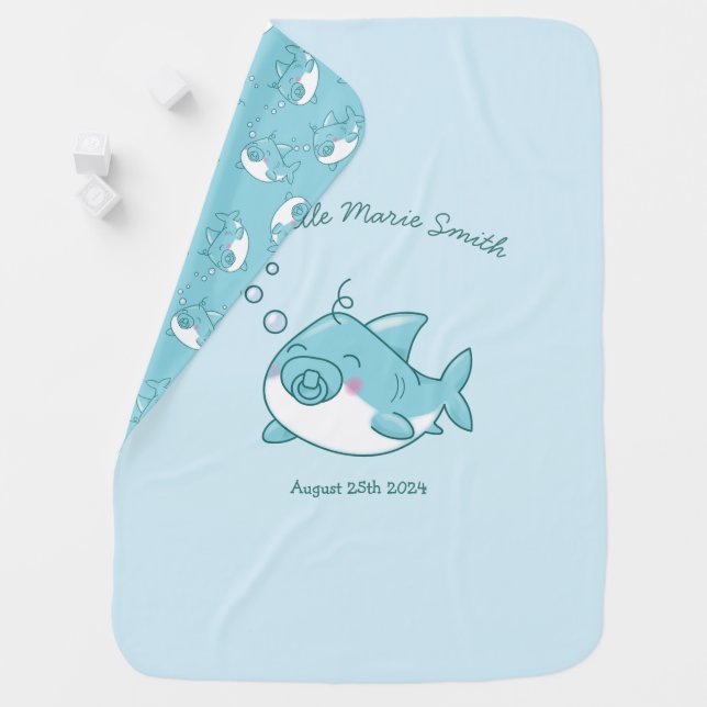 Cute Shark Baby Shower Kawaii Blue Boy Baby Blanket (In Situ)