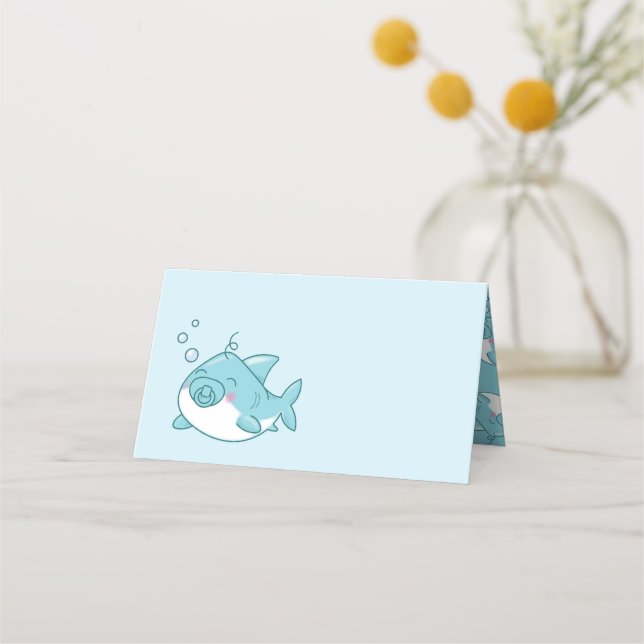 Cute Shark Baby Shower Kawaii Blue Boy Place Card (Front)