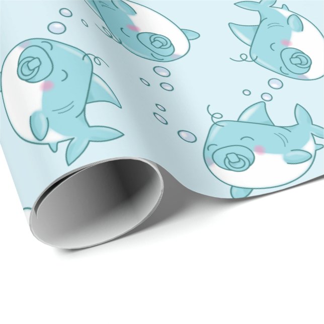 Cute Shark Baby Shower Kawaii Blue Boy Wrapping Paper (Roll Corner)