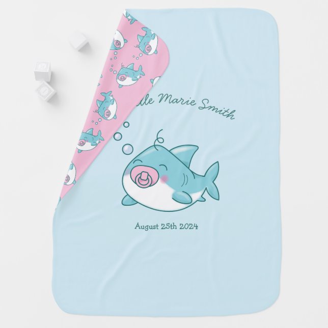 Cute Shark Baby Shower Kawaii Pink Girl Baby Blanket (In Situ)