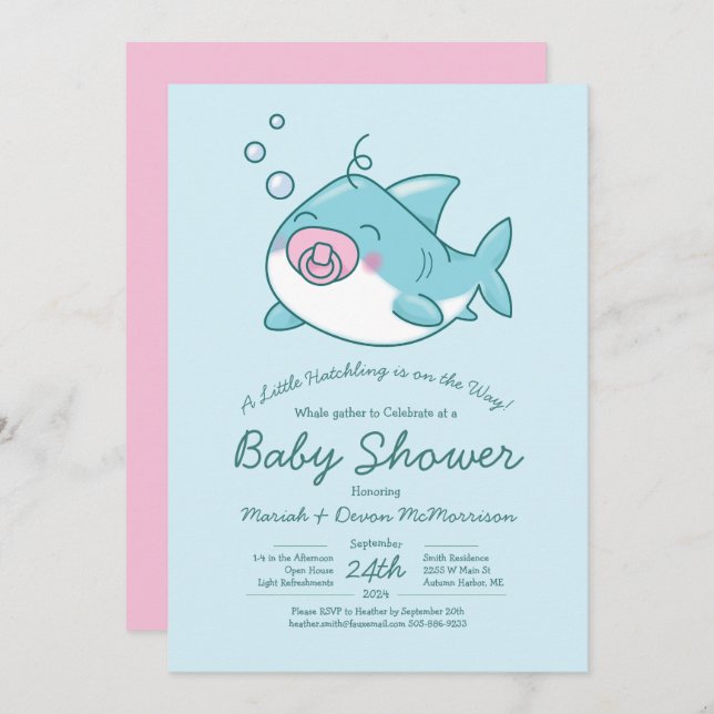 Cute Shark Baby Shower Kawaii Pink Girl Invitation (Front/Back)