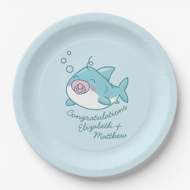 Cute Shark Baby Shower Kawaii Pink Girl Paper Plates (Front)