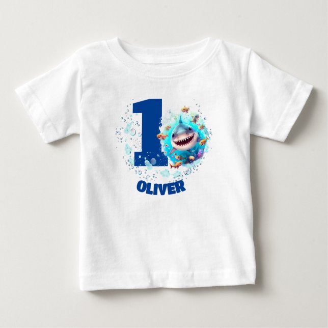 Cute Shark Birthday Personalized Boy  Baby T-Shirt (Front)