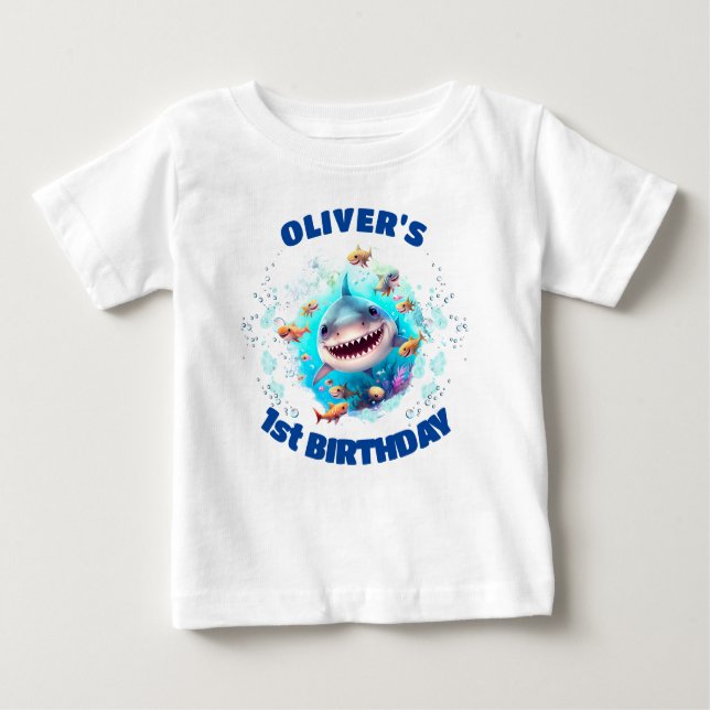 Cute Shark Birthday Personalized Boy  Baby T-Shirt (Front)