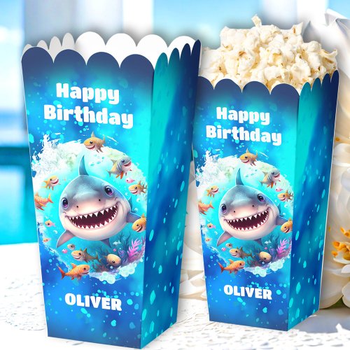 Cute Shark Birthday Personalized Boy Popcorn Favor Boxes