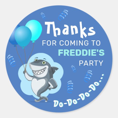 Cute Shark  Blue Balloons Birthday Classic Round Sticker