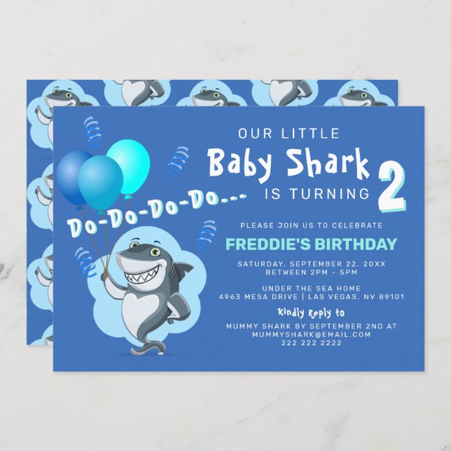 Cute Shark | Blue Balloons Birthday Invitation (Front/Back)
