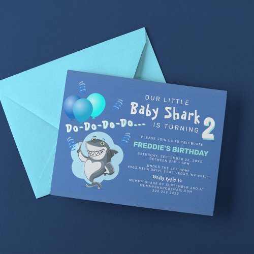 Cute Shark  Blue Balloons Birthday Invitation