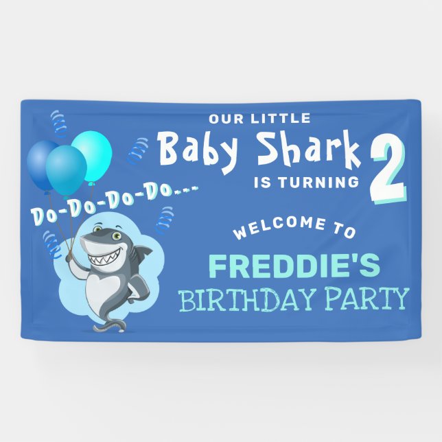 Cute Shark Blue Balloons Birthday Party Banner (Horizontal)