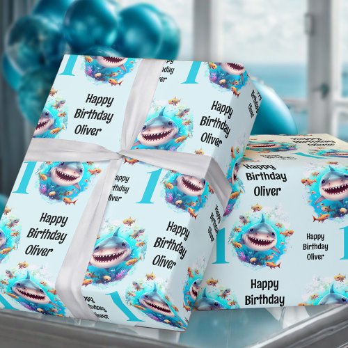 Cute Shark Boy 1st Birthday Name Wrapping Paper