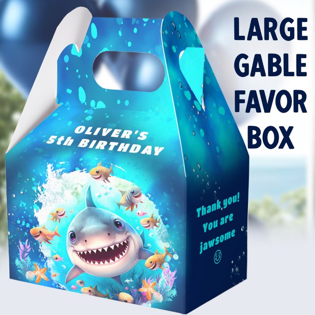 Cute Shark Boy Birthday Blue Large Favor Box (Shark Dark Blue Large Gable Favor Boxes - You can choose from 3 sizes of these gable favor boxes)