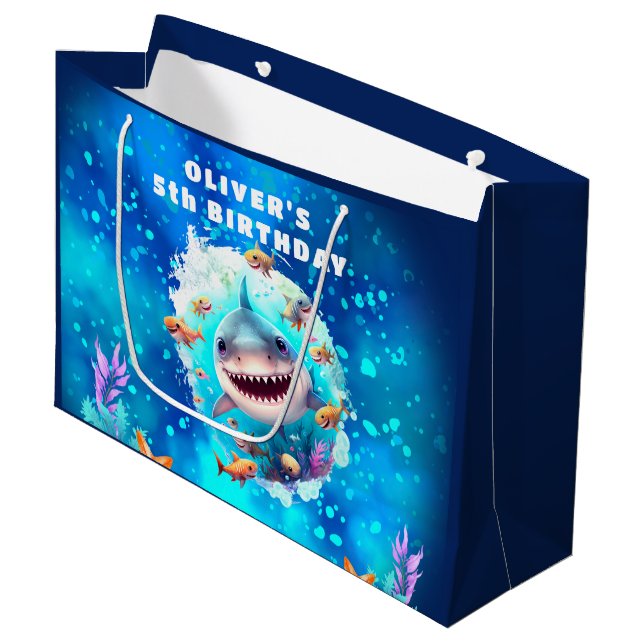 Cute Shark Boy Birthday Blue Name Gift Bag (Front Angled)