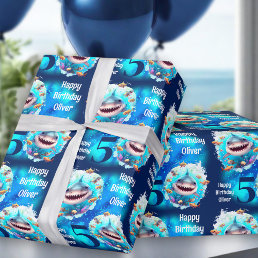 Cute Shark Boy Birthday Name Text Wrapping Paper