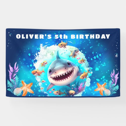 Cute Shark Boy Birthday Party Banner