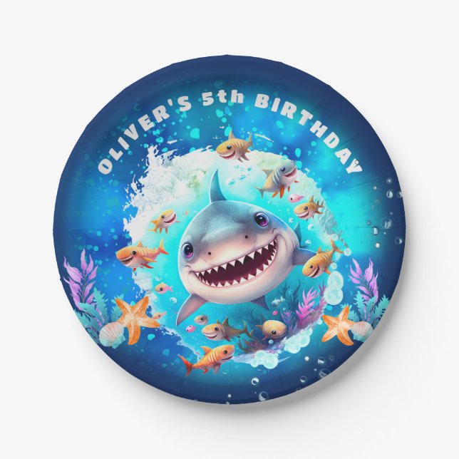 Cute Shark Boy Birthday Party Paper Plates (Front)