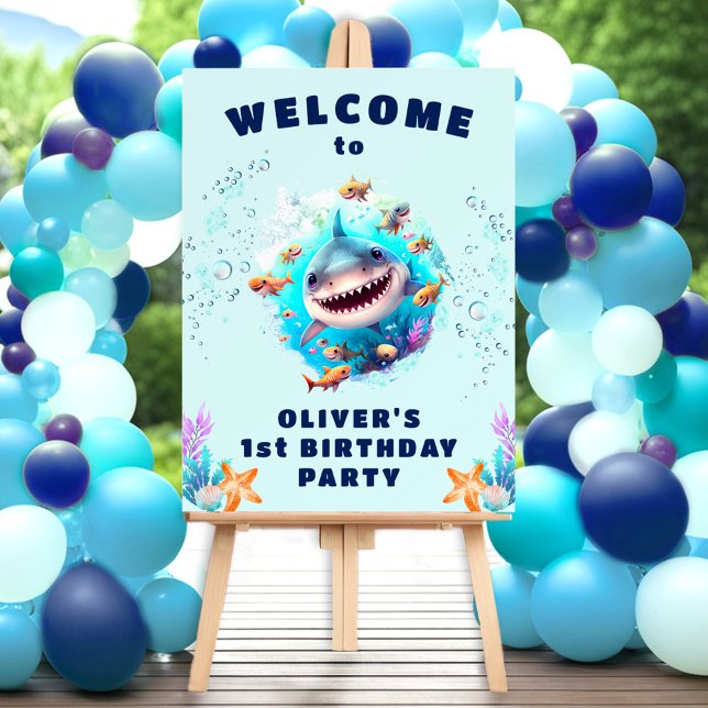 Cute Shark Boy Blue 1st Birthday Party Sign (Cute Shark Boy Blue 1st Birthday Party Sign)