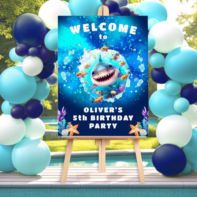 Cute Shark Boy Navy Blue Birthday Party Sign (Cute Shark Boy Navy Blue Birthday Party Sign)